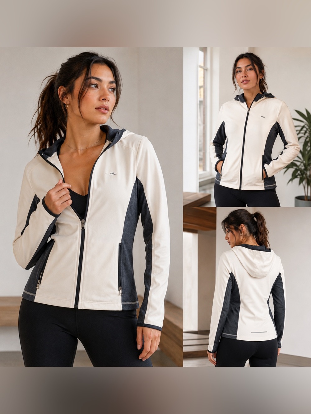 Lauren Active Ralph Lauren Full Zip Hooded Performance Jacket Cream Gray | XS